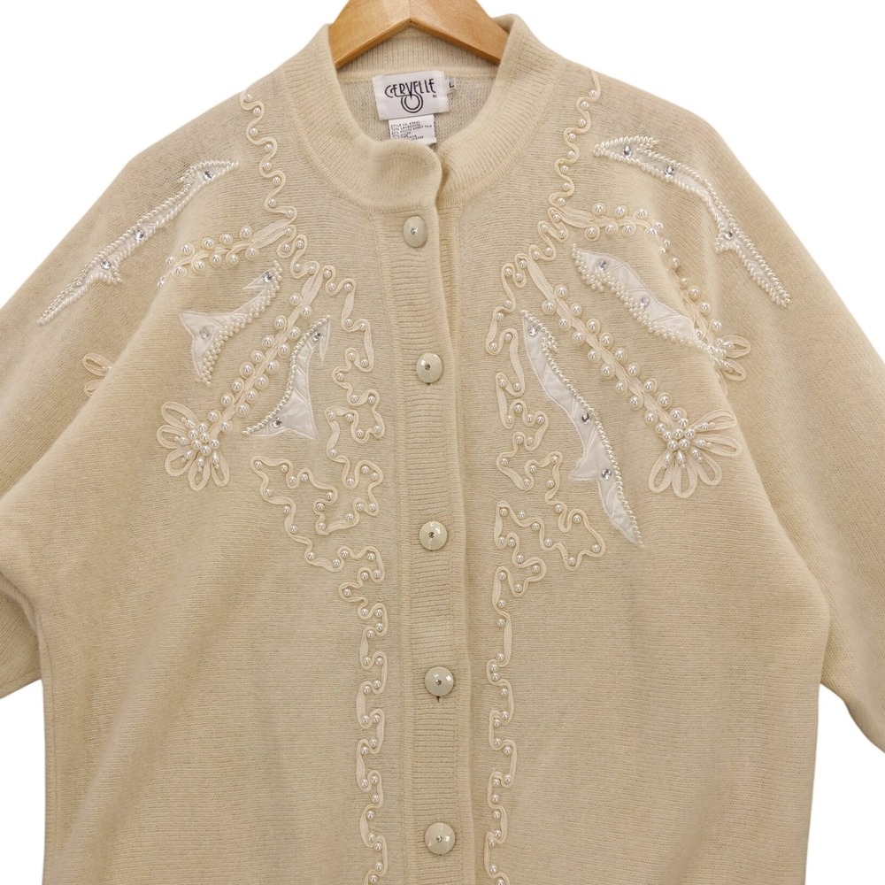 vtg Cervelle Lambswool Angora‎ Cardigan Beaded Rhinestone Ribbon Embellished L